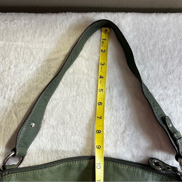 Tignanello Olive Green Leather Satchel Striped Colorful Lining 3 Zipper Pockets - Picture 5 of 11